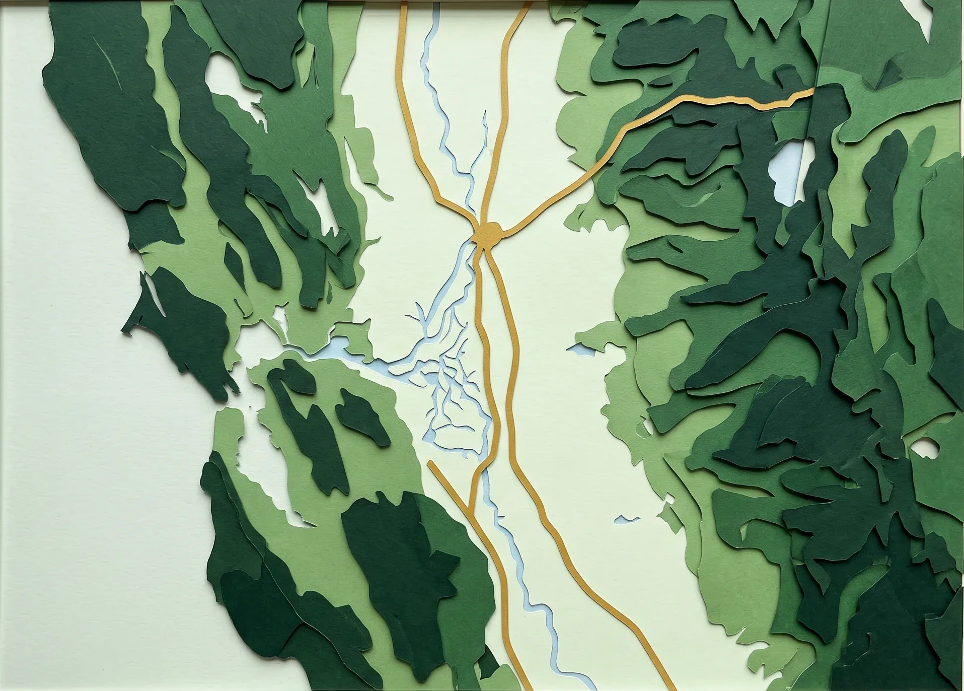 Stylized paper-cut map of California's Central Valley, Sacramento and the Bay Area