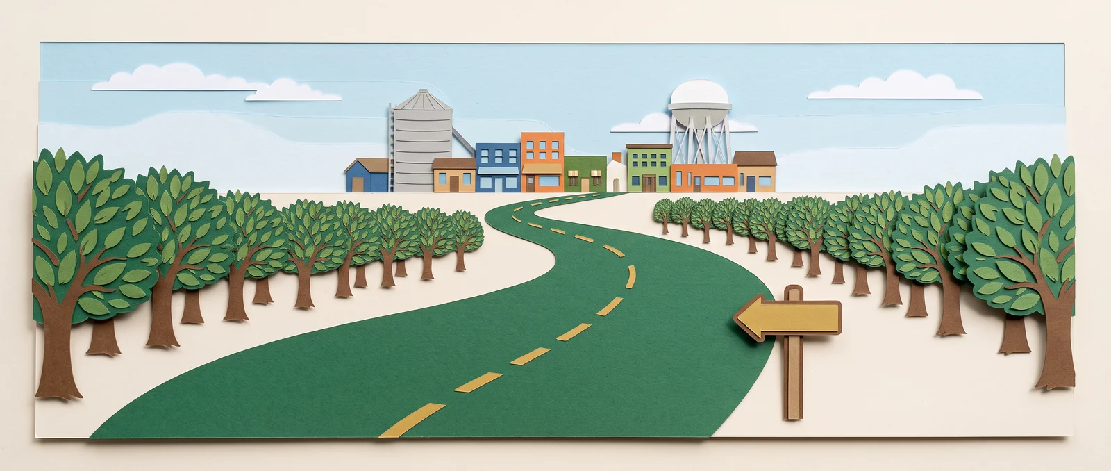 Paper-cut illustration of a country road leading toward a Central Valley town