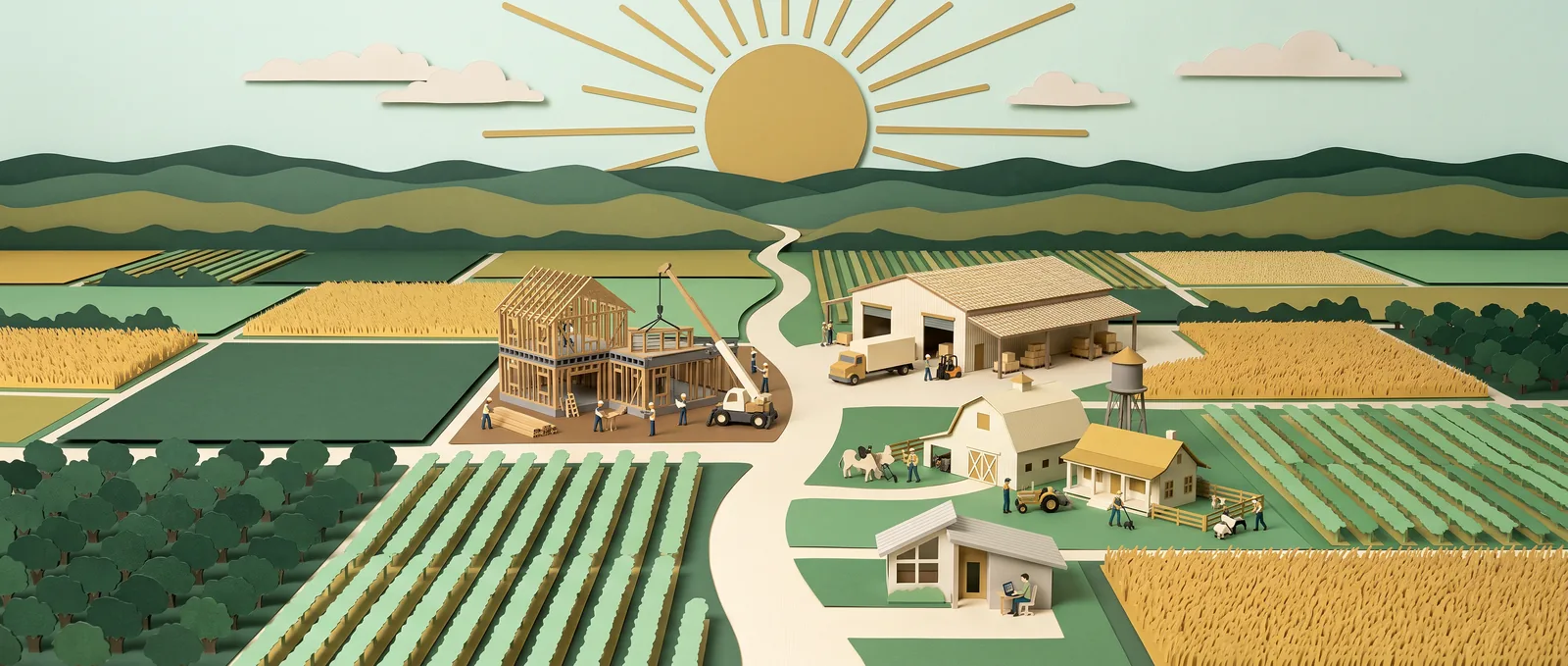 Paper-cut illustration of a working Central Valley corridor: a house under construction with a crane, a warehouse with a loading dock, a small farmstead with a barn and silo, and a home office, connected by one road under a rising sun